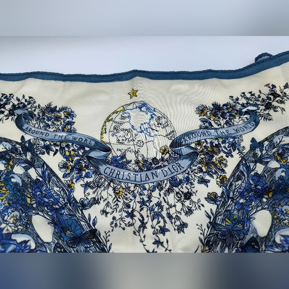 Christian Dior Silk Scarf Blue Butterfly Floral Around the World Italy NWT NIB - Picture 2 of 11